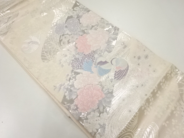 プラチナ箔二重織鴛鴦に花模様織出し袋帯